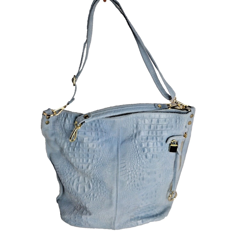 NWT Creazioni In Pelle Blue XL Italian Leather Satchel With Croc Embossed Design